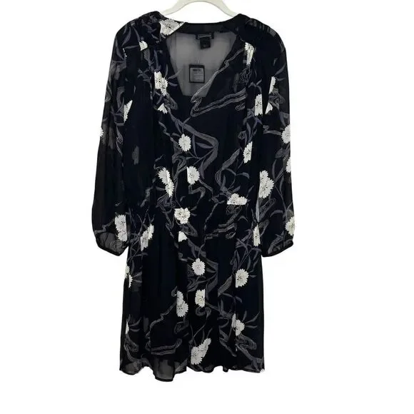 Club Monaco Roanna Dress Womens 4 Black Floral Silk Long Sleeve Mini Boho Chic - Picture 9 of 14